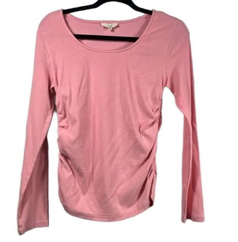 Easel Pink Long Sleeve Ribbed Scoop Neck Side Ruched Top L